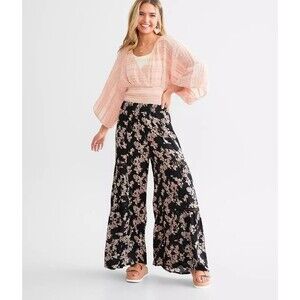 Angie Womens Pants Small Wide Leg Black Floral Lace Inserts Boho Beach Palazzo